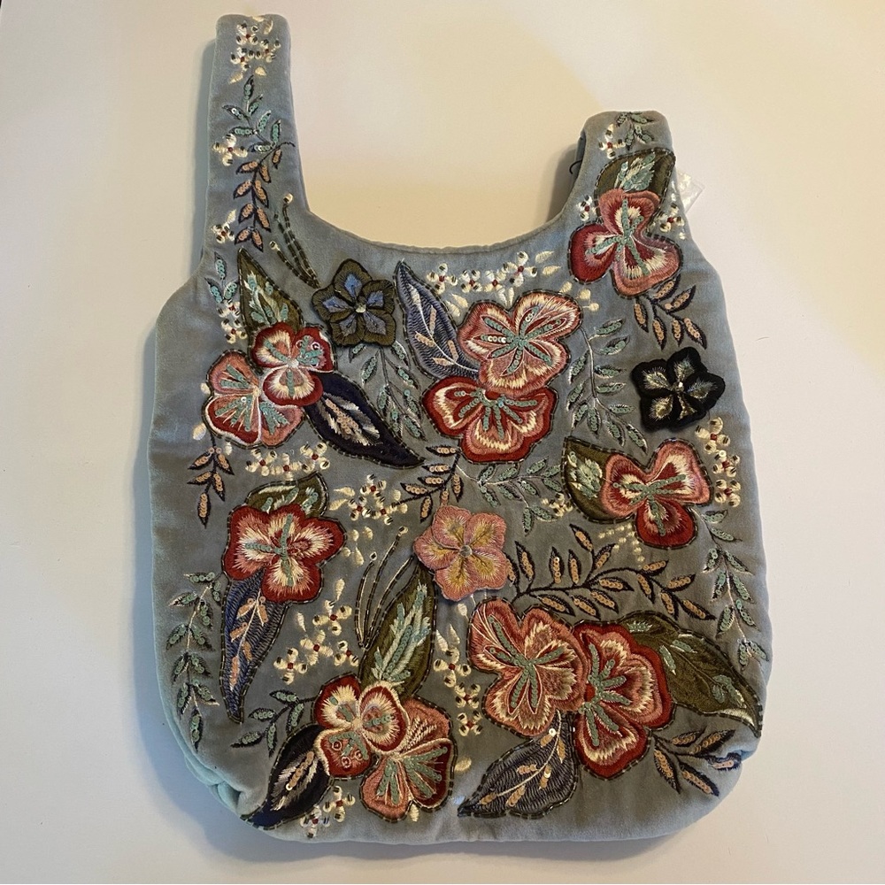 Vintage Zara Basic Collection Slate Blue Velvet Embroidered Floral Sequin Bag